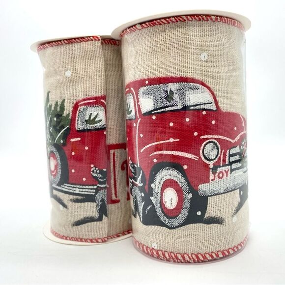 Classic Red Pickup Truck Burlap Decorative Holiday Christmas Tree Ribbon - Picture 1 of 6